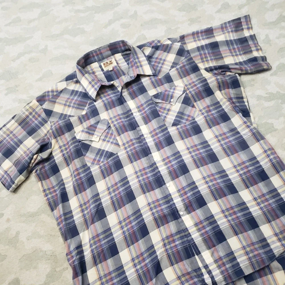 Ely Cattleman Western Shirt Mens 2XL Blue Plaid Pearl Snap Short Sleeve Rodeo